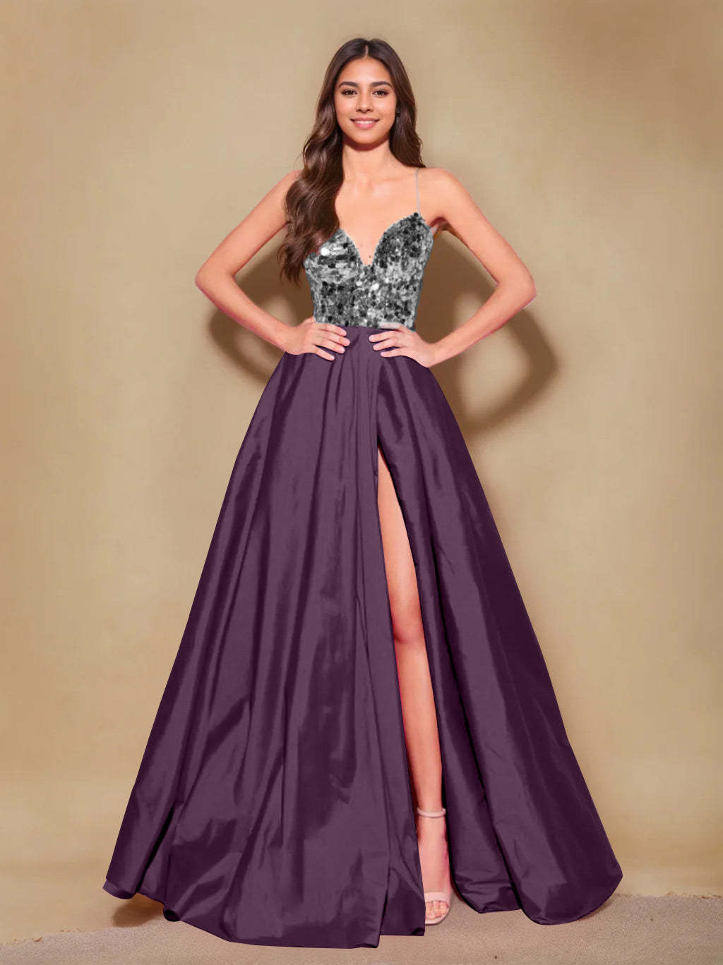 Princess A-Line Spaghetti Strap Floor-Length Pleated Evening Dress with Side Split