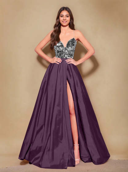 Princess A-Line Spaghetti Strap Floor-Length Pleated Evening Dress with Side Split
