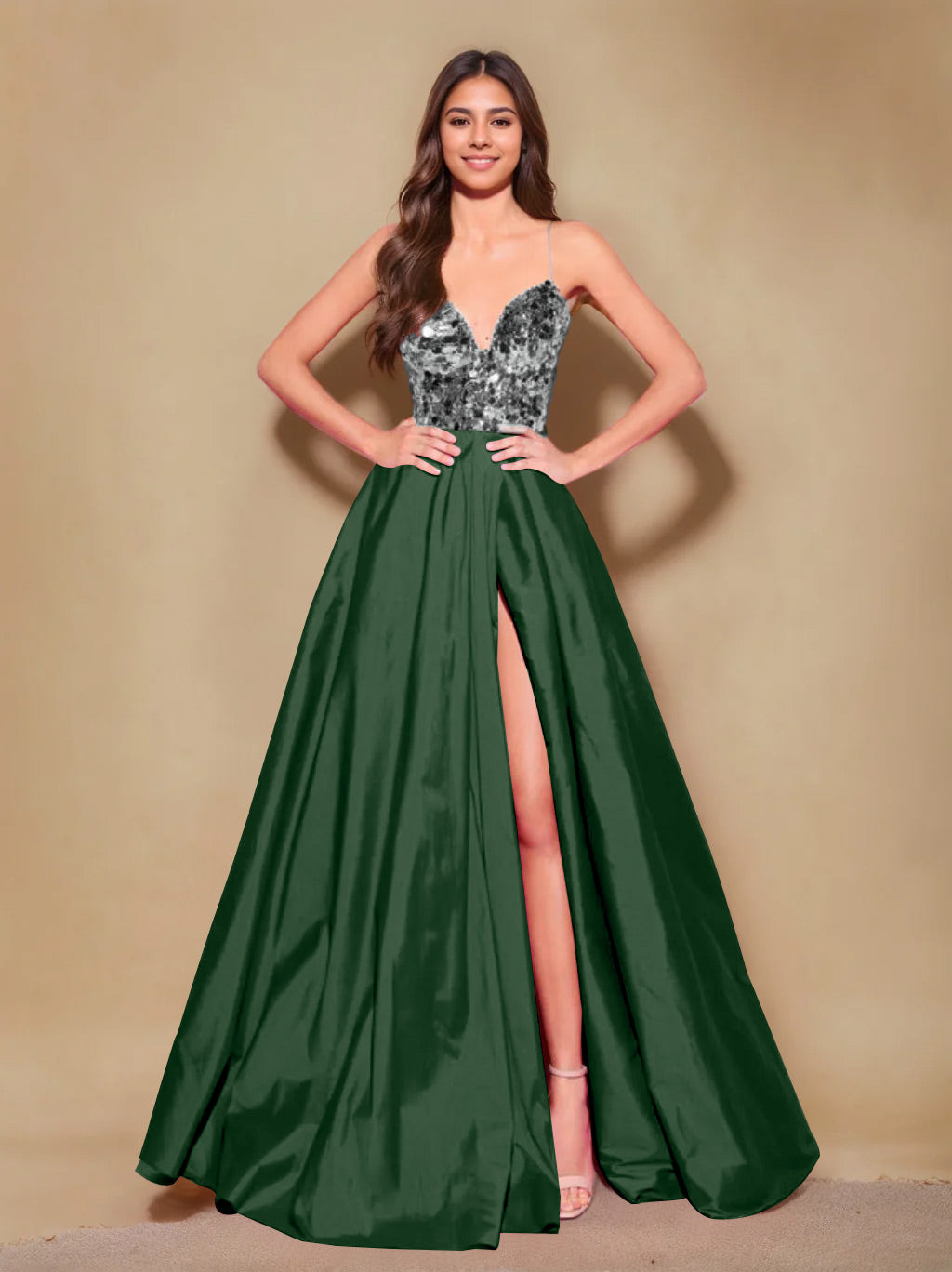 Princess A-Line Spaghetti Strap Floor-Length Pleated Evening Dress with Side Split