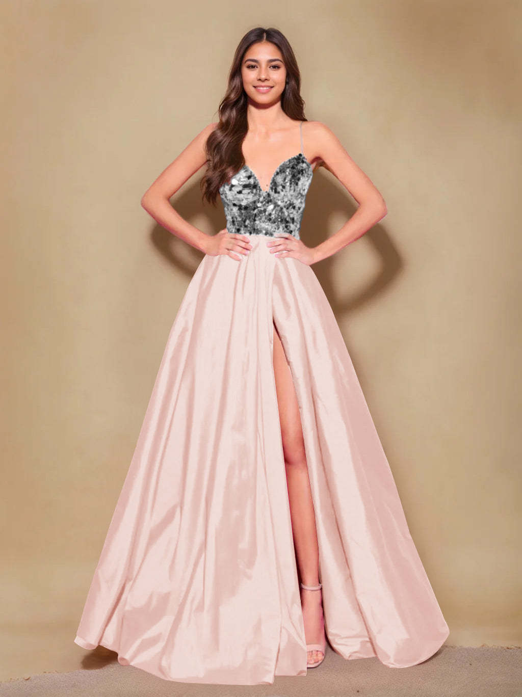 Princess A-Line Spaghetti Strap Floor-Length Pleated Evening Dress with Side Split