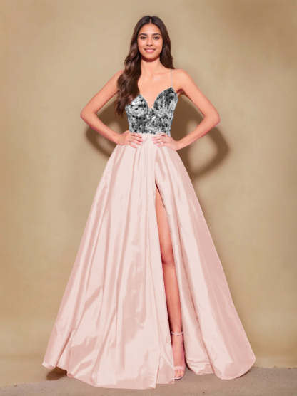 Princess A-Line Spaghetti Strap Floor-Length Pleated Evening Dress with Side Split