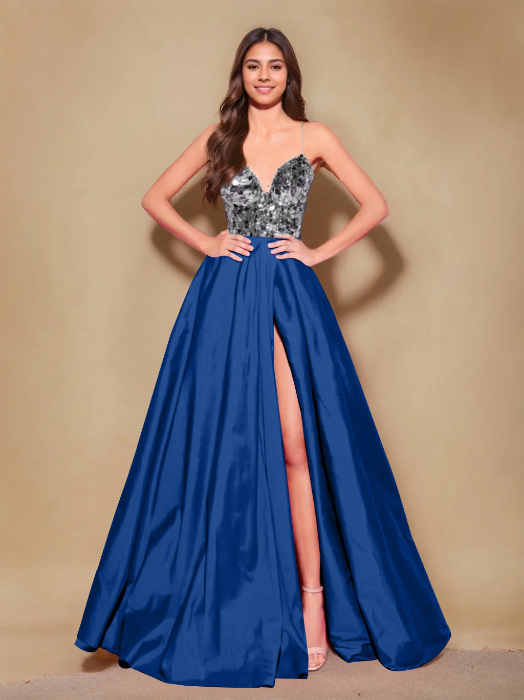 Princess A-Line Spaghetti Strap Floor-Length Pleated Evening Dress with Side Split