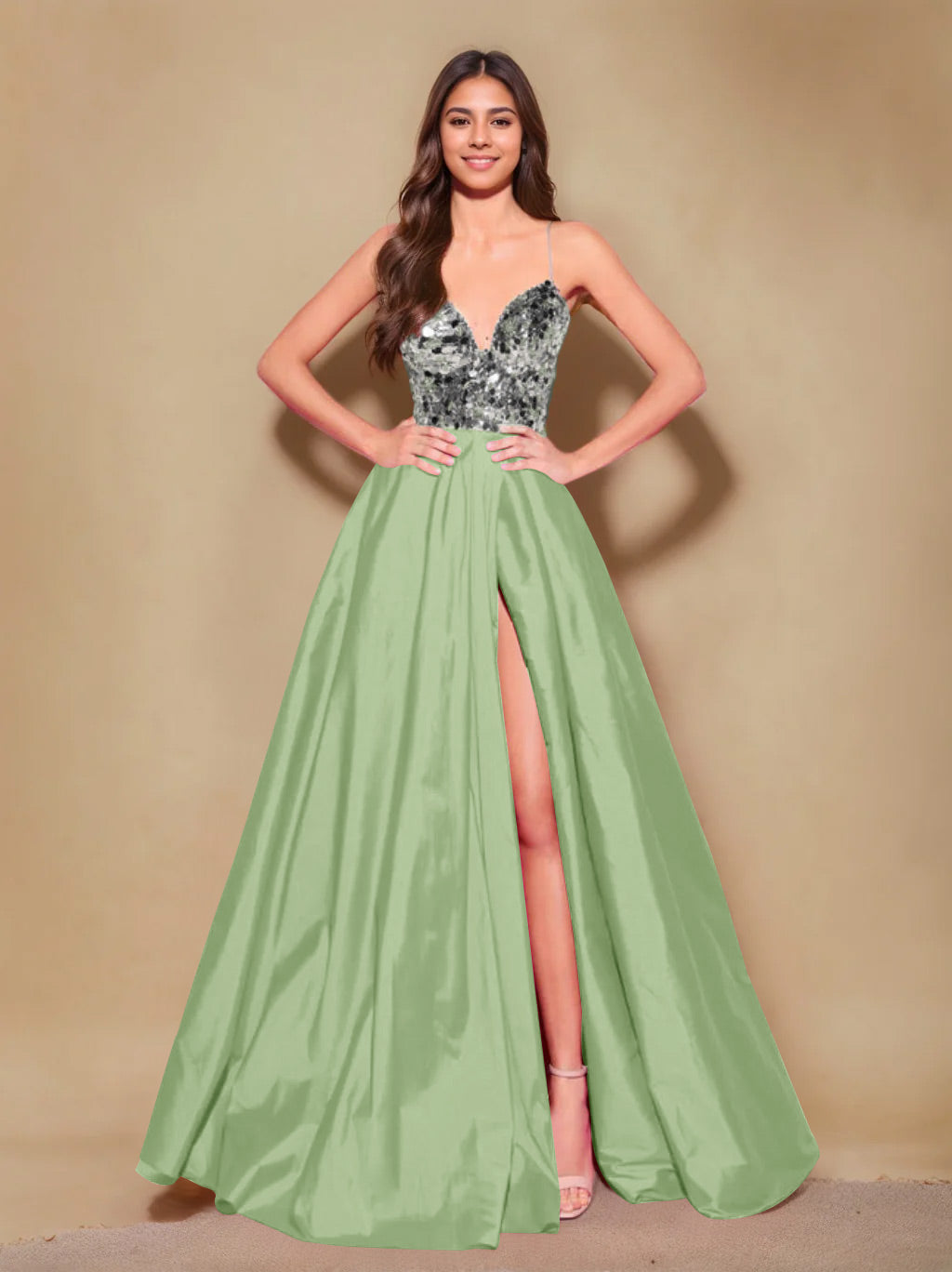 Princess A-Line Spaghetti Strap Floor-Length Pleated Evening Dress with Side Split