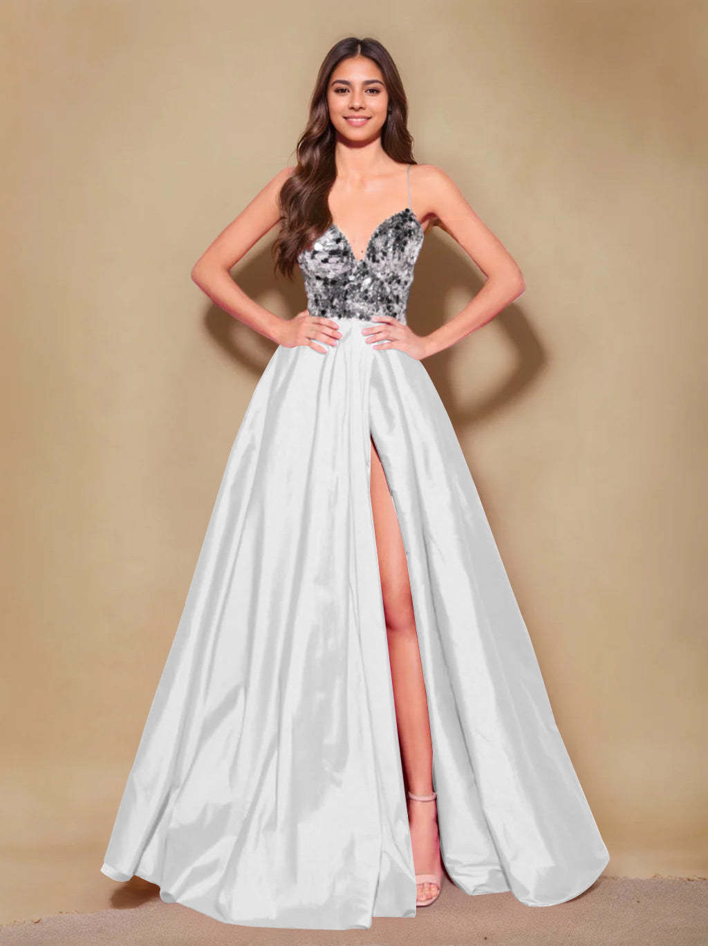 Princess A-Line Spaghetti Strap Floor-Length Pleated Evening Dress with Side Split