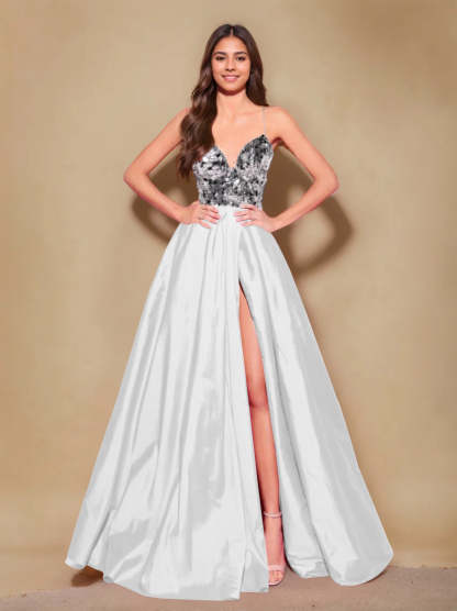 Princess A-Line Spaghetti Strap Floor-Length Pleated Evening Dress with Side Split