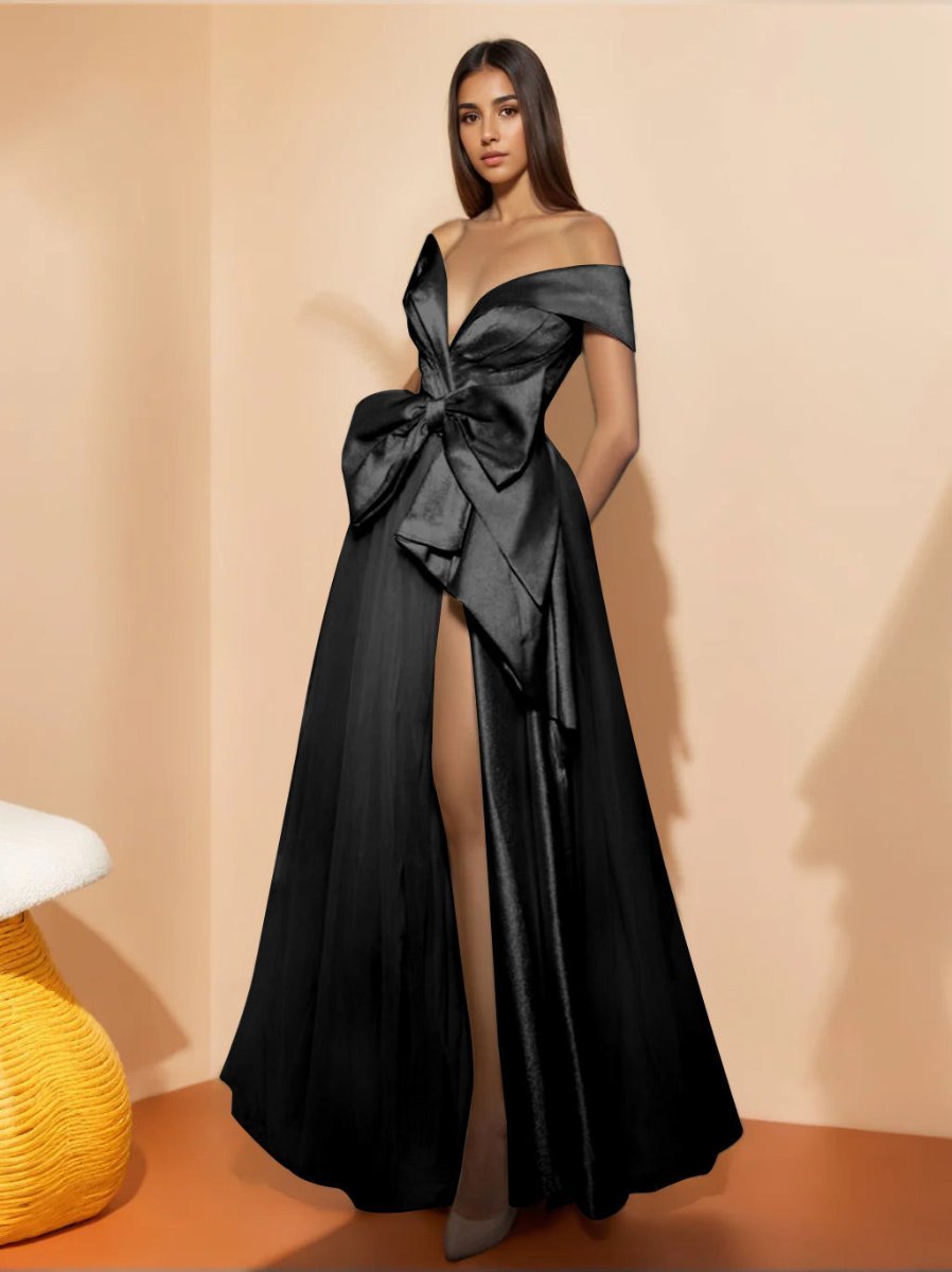 Sweetheart Off-the-Shoulder A-Line Princess Floor-length Prom Dress with Bow & Split Slit