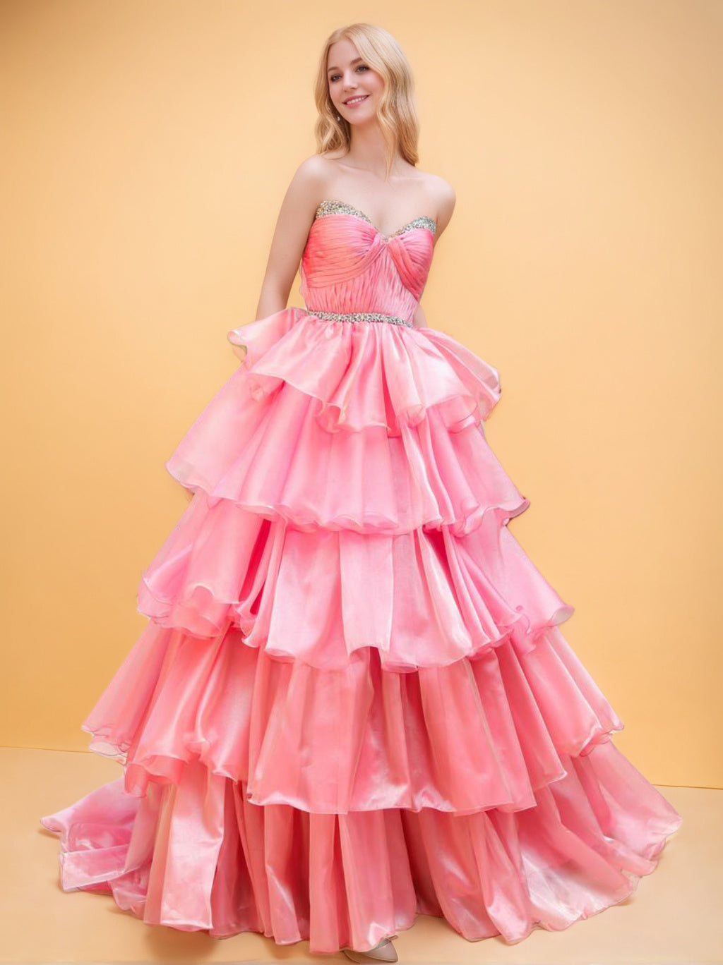Sweetheart Neckline Sleeveless Ball Gown in Organza with Tiered & Ruched Details