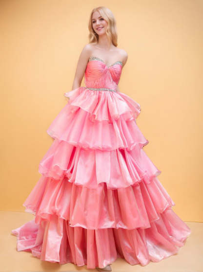Sweetheart Neckline Sleeveless Ball Gown in Organza with Tiered & Ruched Details