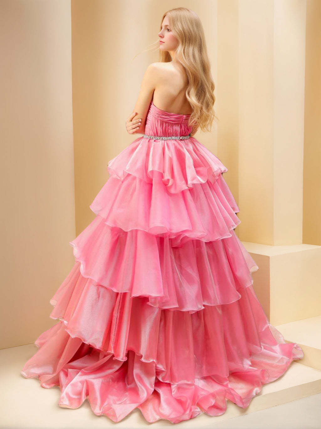 Sweetheart Neckline Sleeveless Ball Gown in Organza with Tiered & Ruched Details