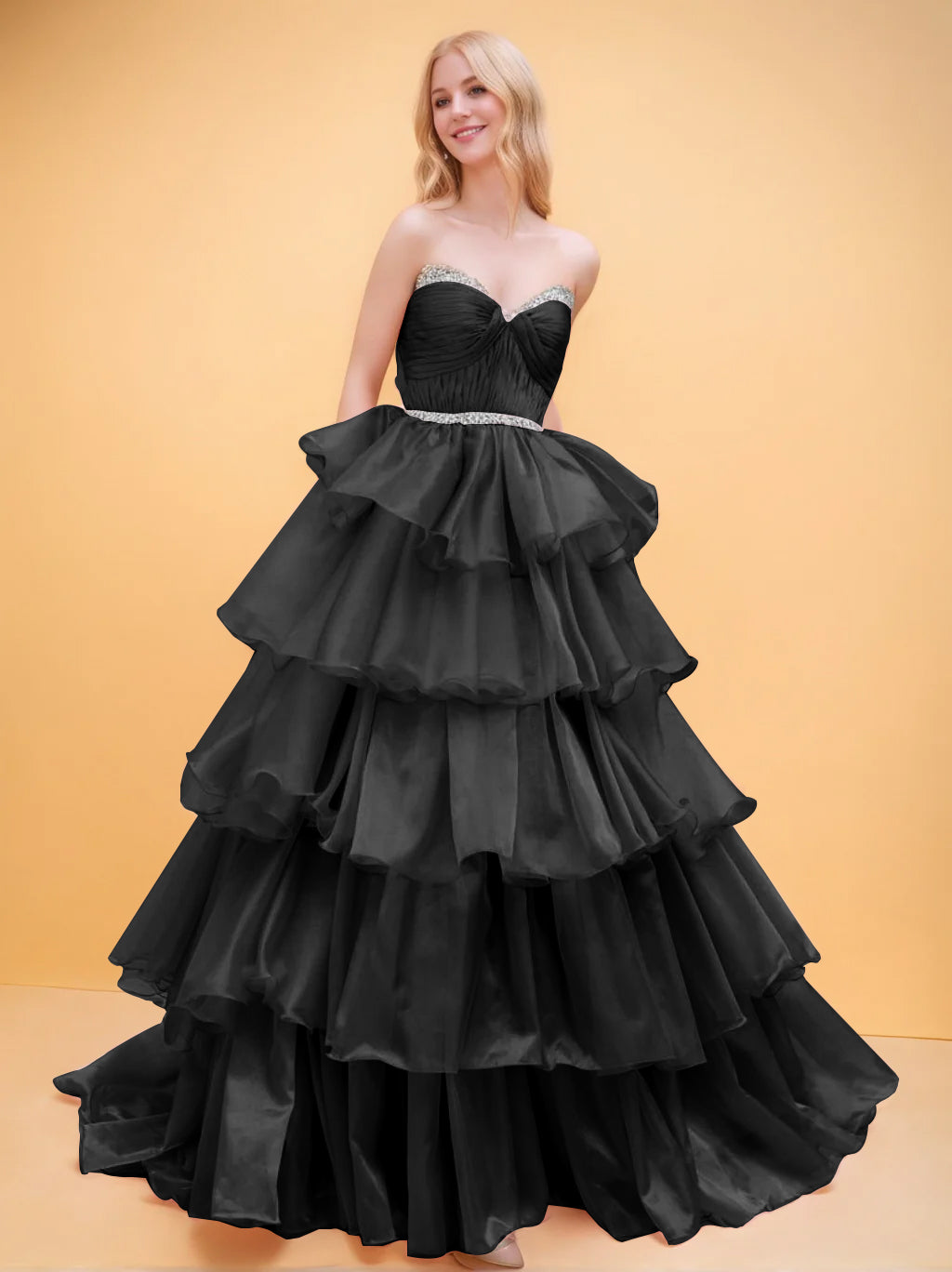 Sweetheart Neckline Sleeveless Ball Gown in Organza with Tiered & Ruched Details