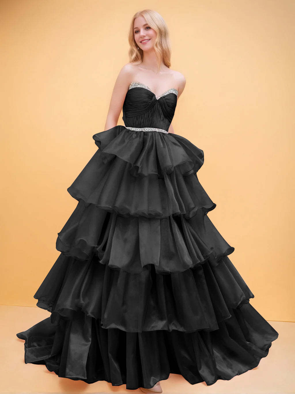 Sweetheart Neckline Sleeveless Ball Gown in Organza with Tiered & Ruched Details