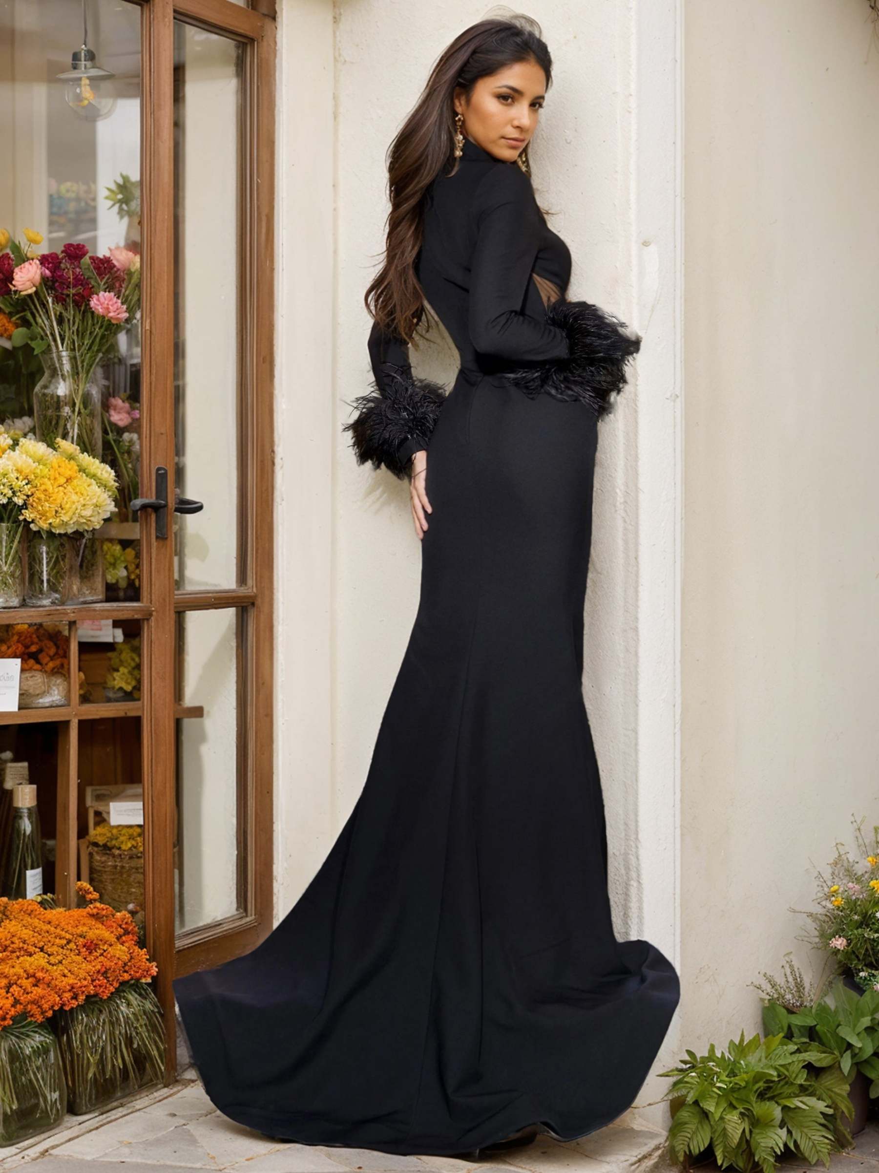 Sweetheart A-Line Princess Floor-Length Prom Dress With Long Sleeves Split Slit & Feather