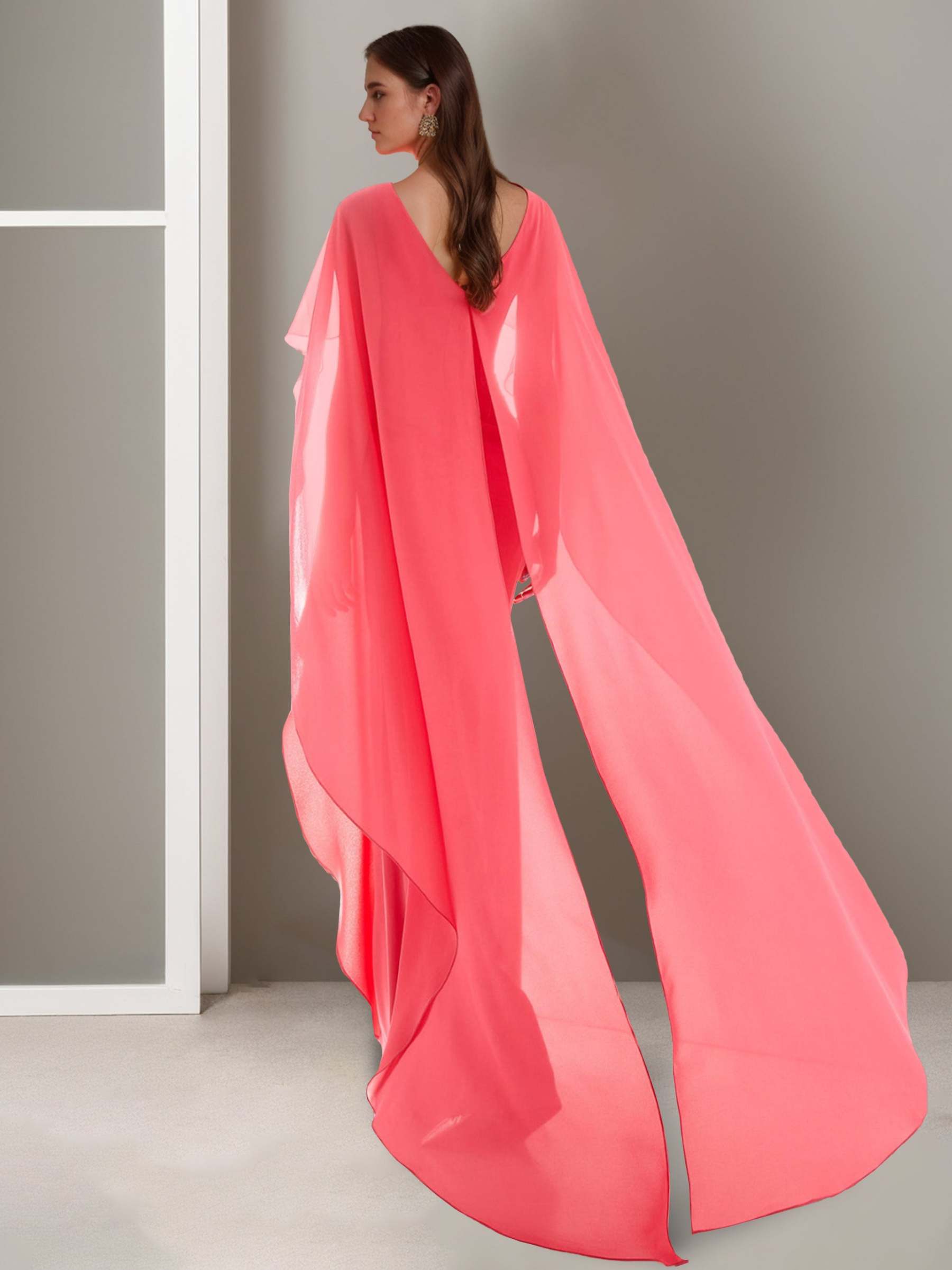 Floor-length A-Line Evening Dresses with Princess V-neck and Cape-shaped Long Sleeves