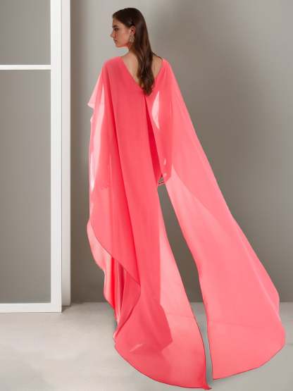 Floor-length A-Line Evening Dresses with Princess V-neck and Cape-shaped Long Sleeves