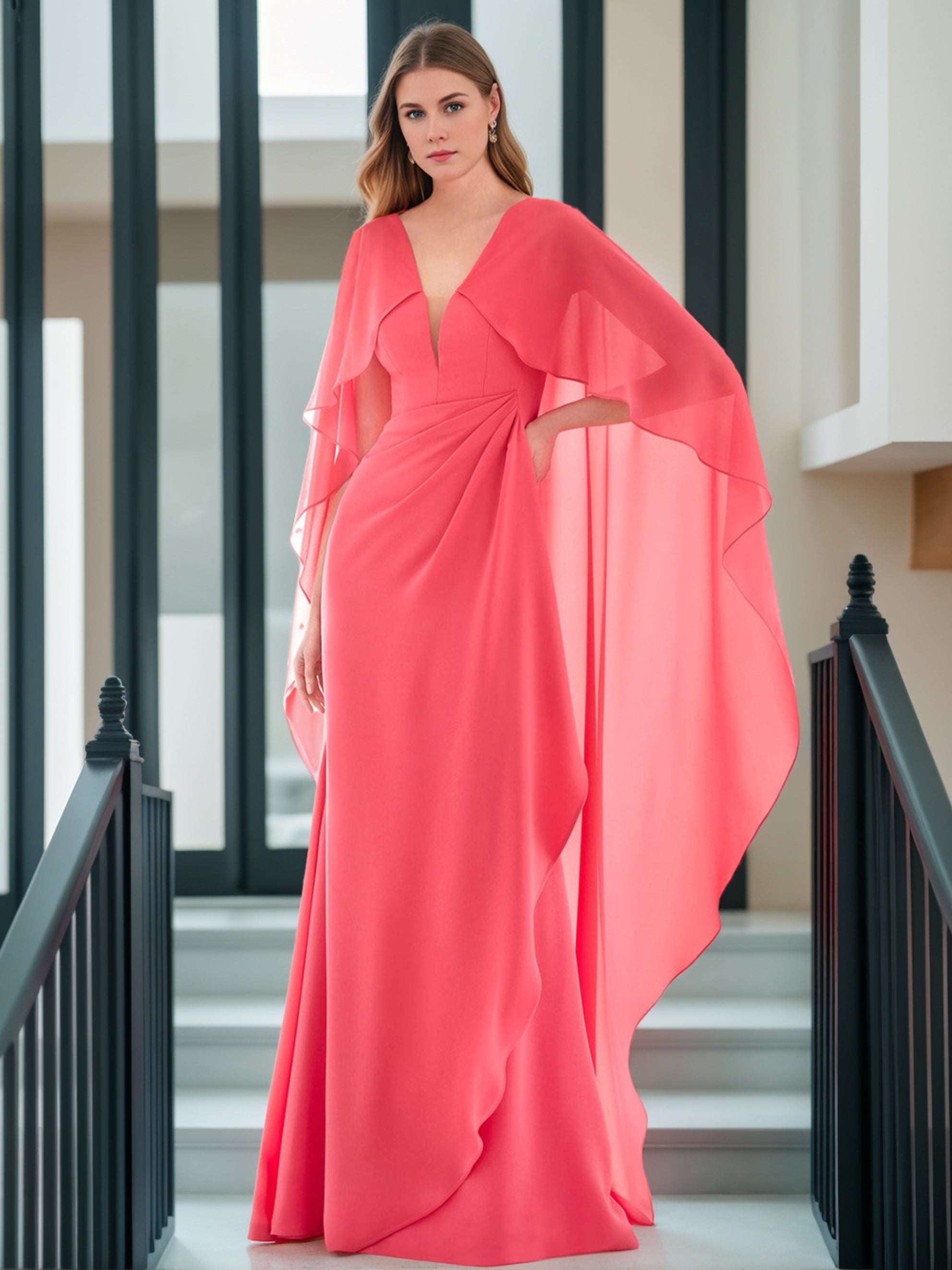 Floor-length A-Line Evening Dresses with Princess V-neck and Cape-shaped Long Sleeves