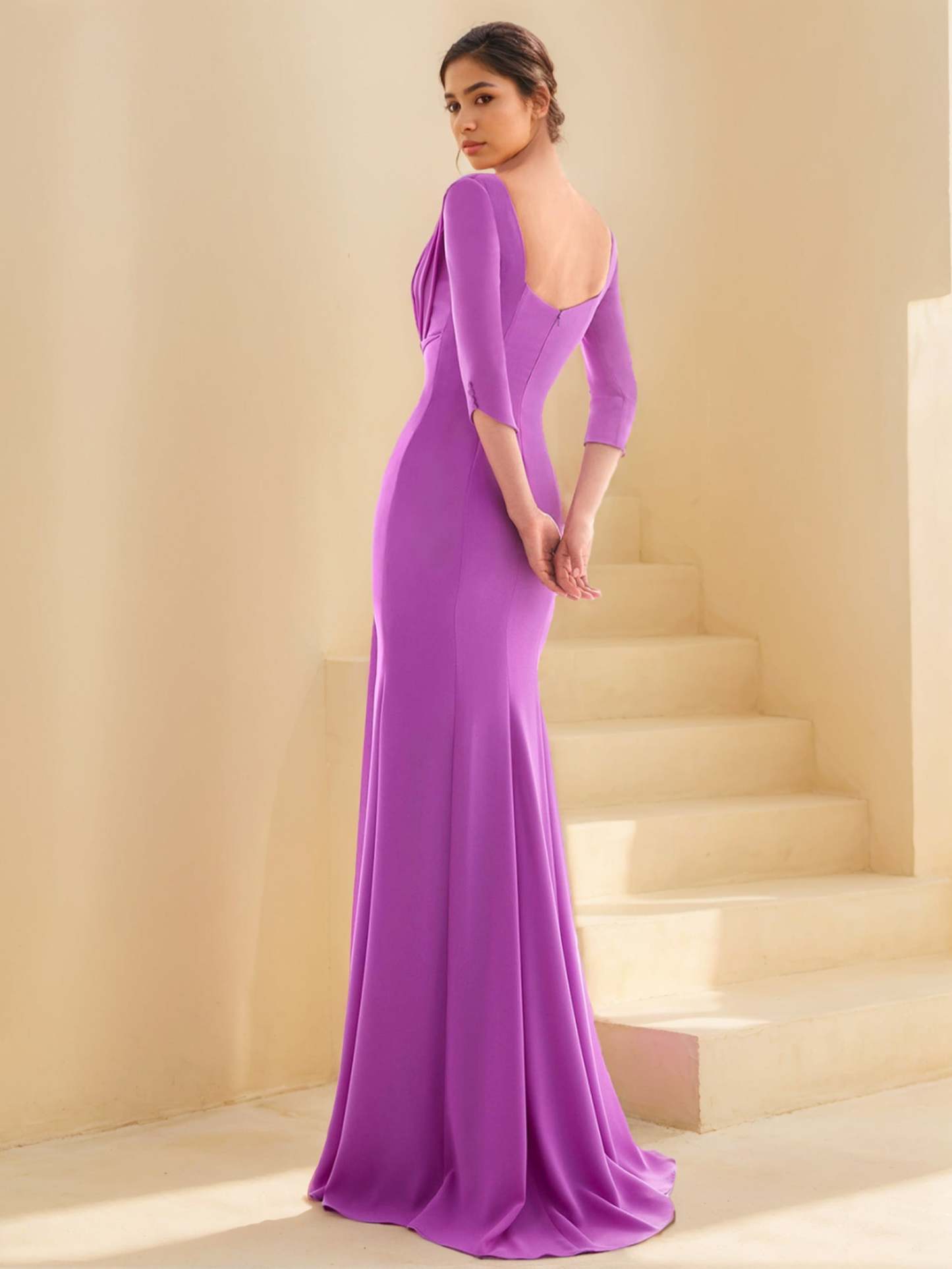 Floor-length Prom Evening Dresses With Ruffles Closed Neck and 3/4 Sleeves