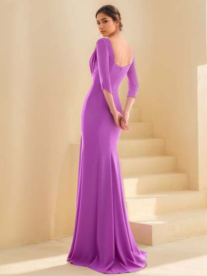 Floor-length Prom Evening Dresses With Ruffles Closed Neck and 3/4 Sleeves