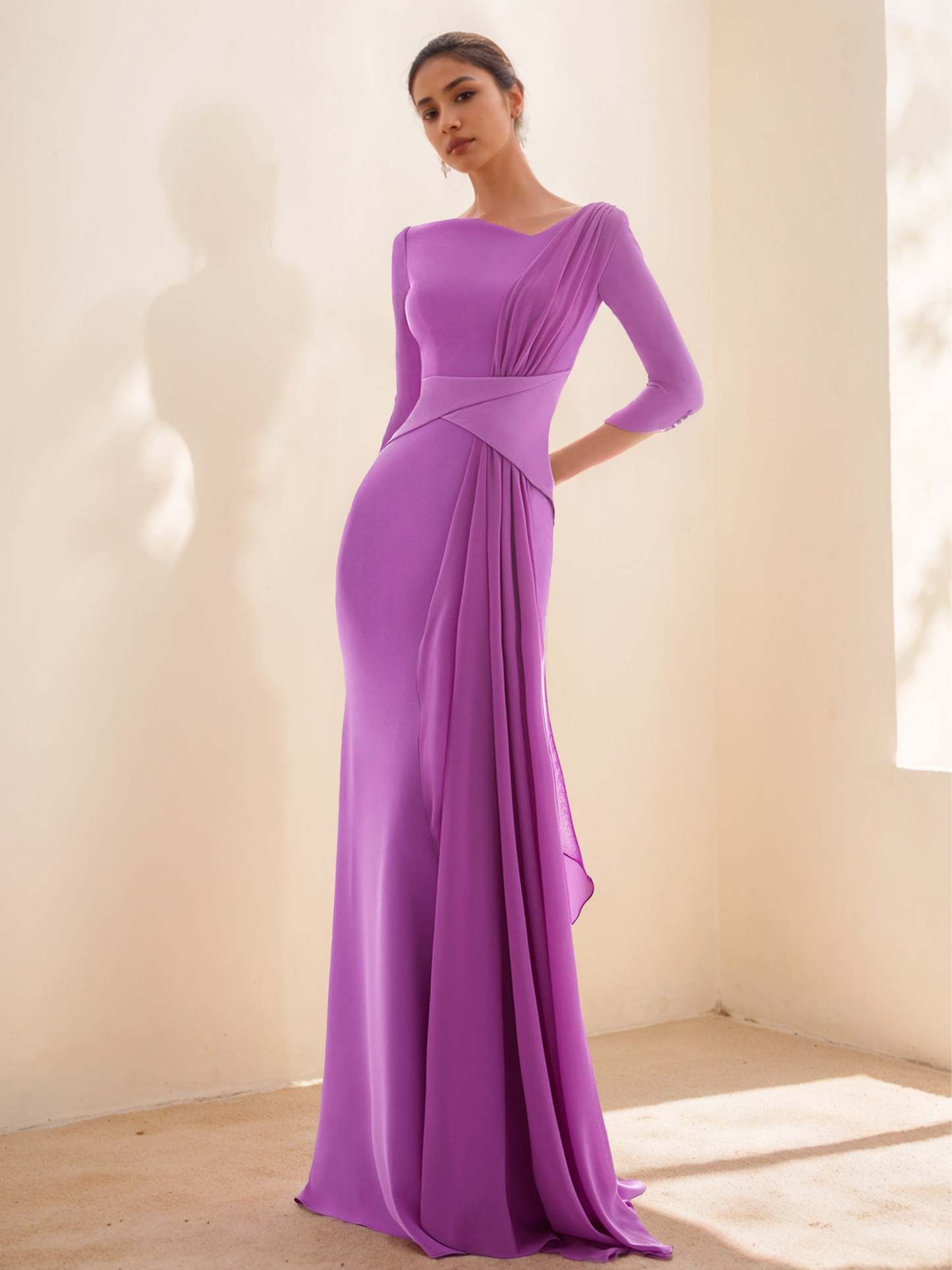 Floor-length Prom Evening Dresses With Ruffles Closed Neck and 3/4 Sleeves