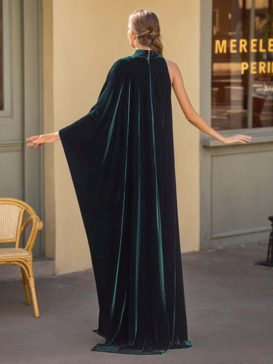 Velvet Evening Gown with Long Sleeves and Jewel Neckline