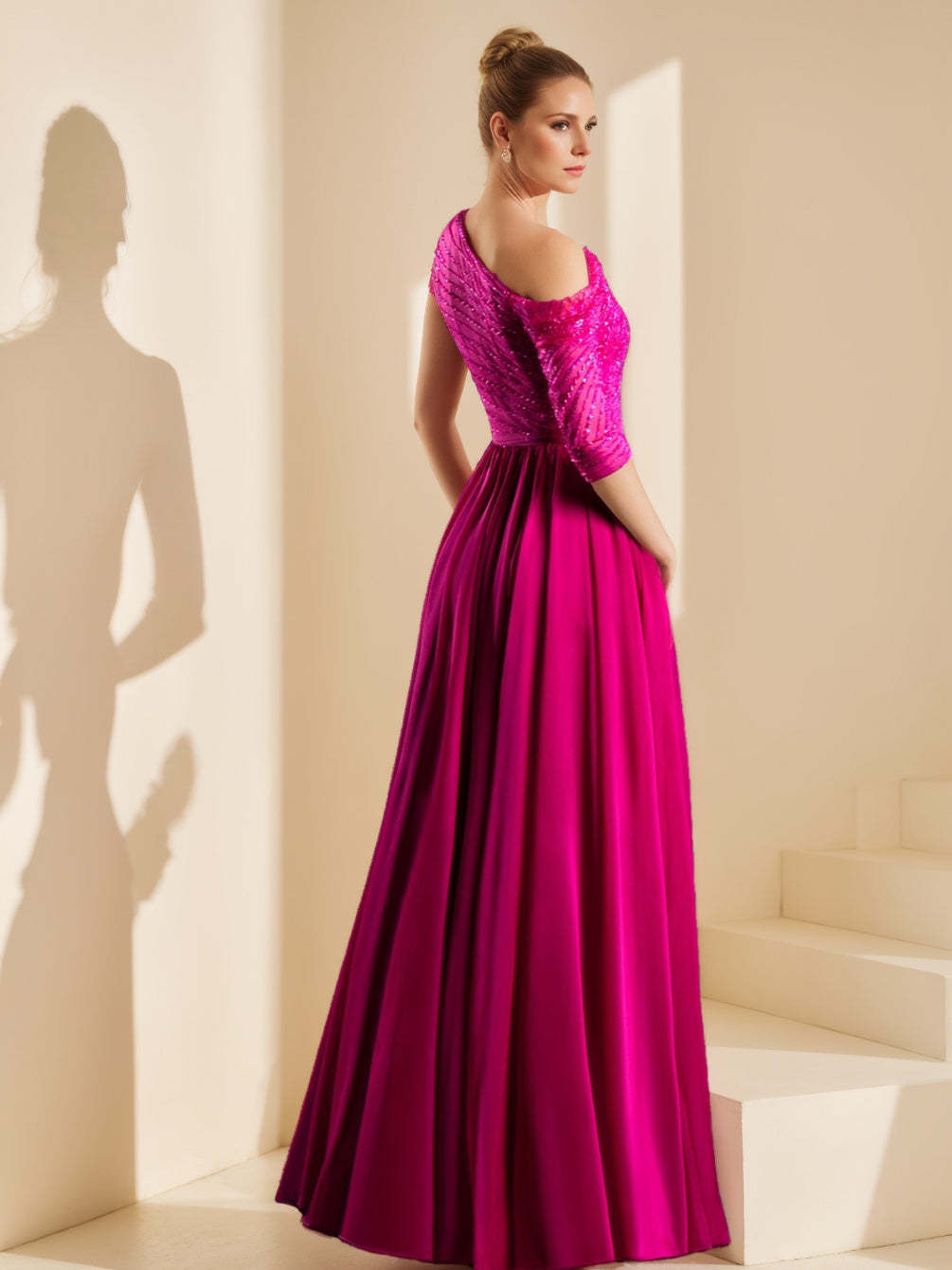 Princess A-Line Floor-Length Evening Dress with Off-the-Shoulder Short Sleeves and Embroidery