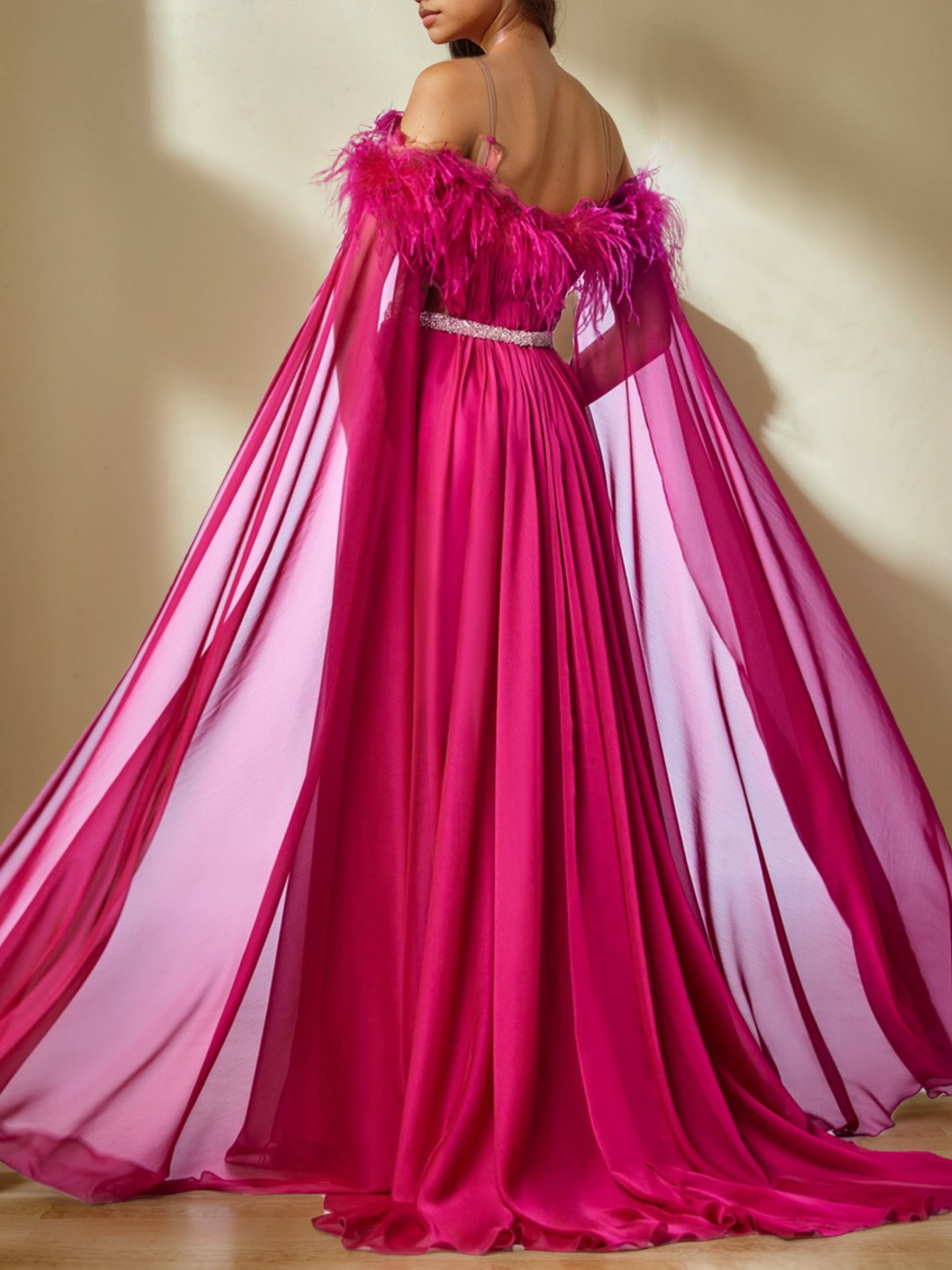 Princess A-Line Floor-Length Evening Dress with Off-the-Shoulder Long Sleeves and Feather