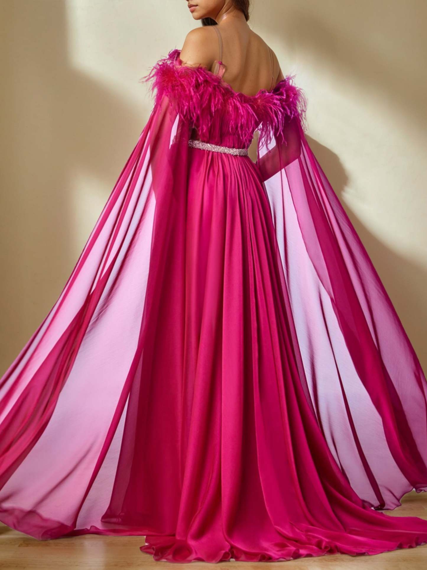 Princess A-Line Floor-Length Evening Dress with Off-the-Shoulder Long Sleeves and Feather