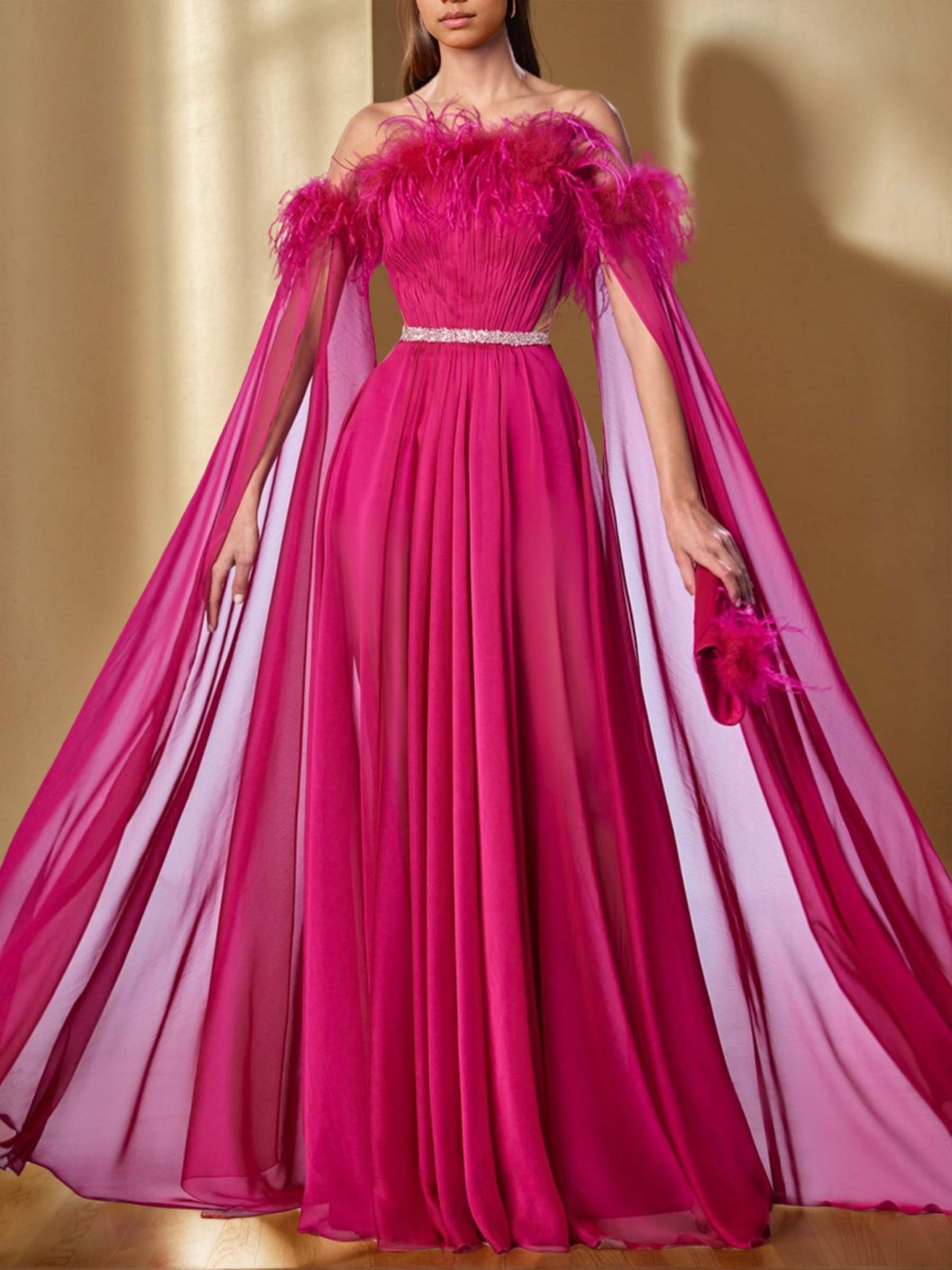 Princess A-Line Floor-Length Evening Dress with Off-the-Shoulder Long Sleeves and Feather