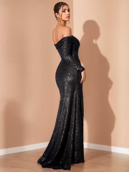 Sweetheart Off-The-Shoulder Long Sleeve Mermaid/Trumpet Floor-Length Evening Dress with Sequins