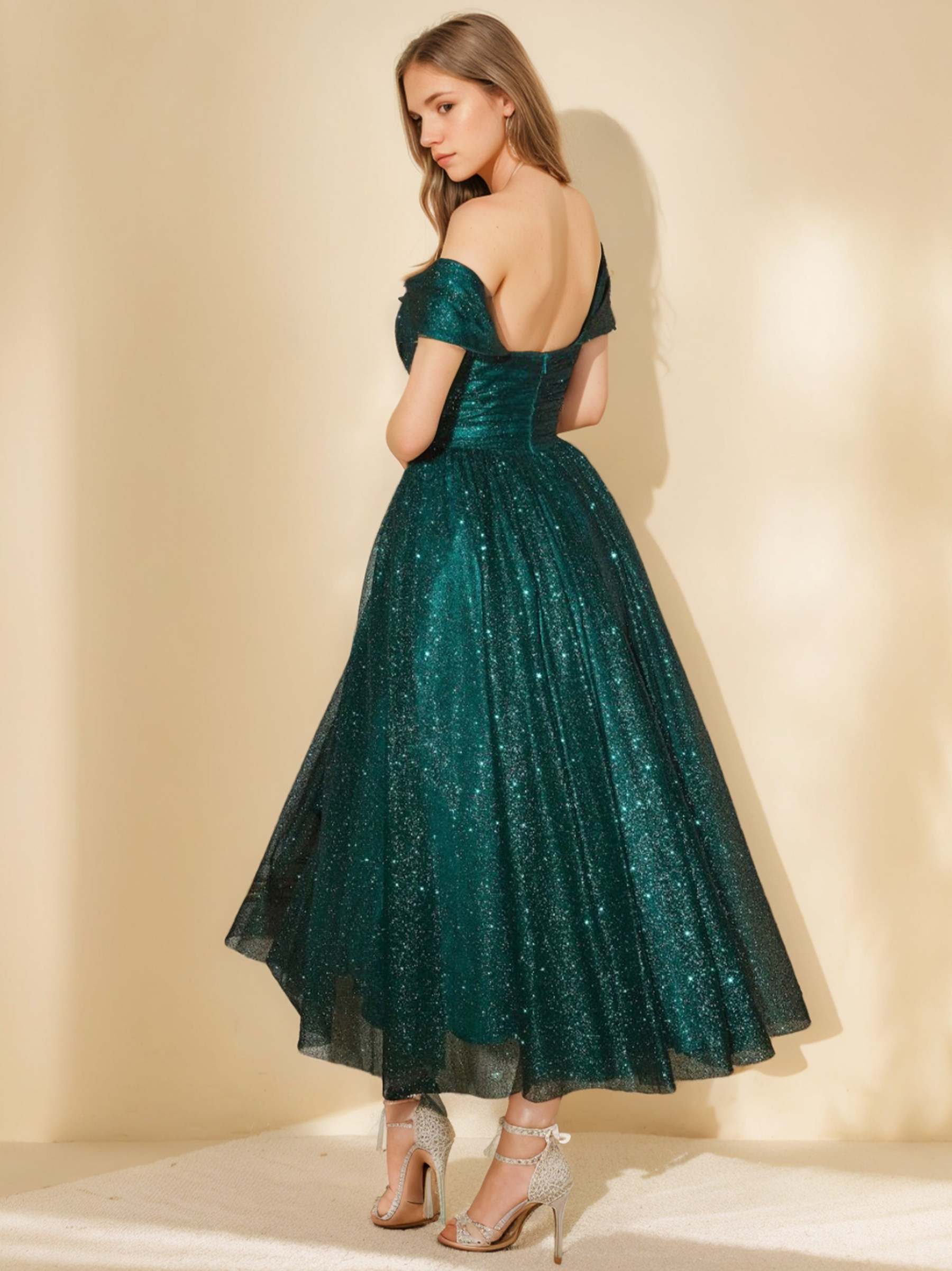 Sweetheart Off-the-Shoulder A-Line Princess Tea-Length Cocktail Dress with Sequins