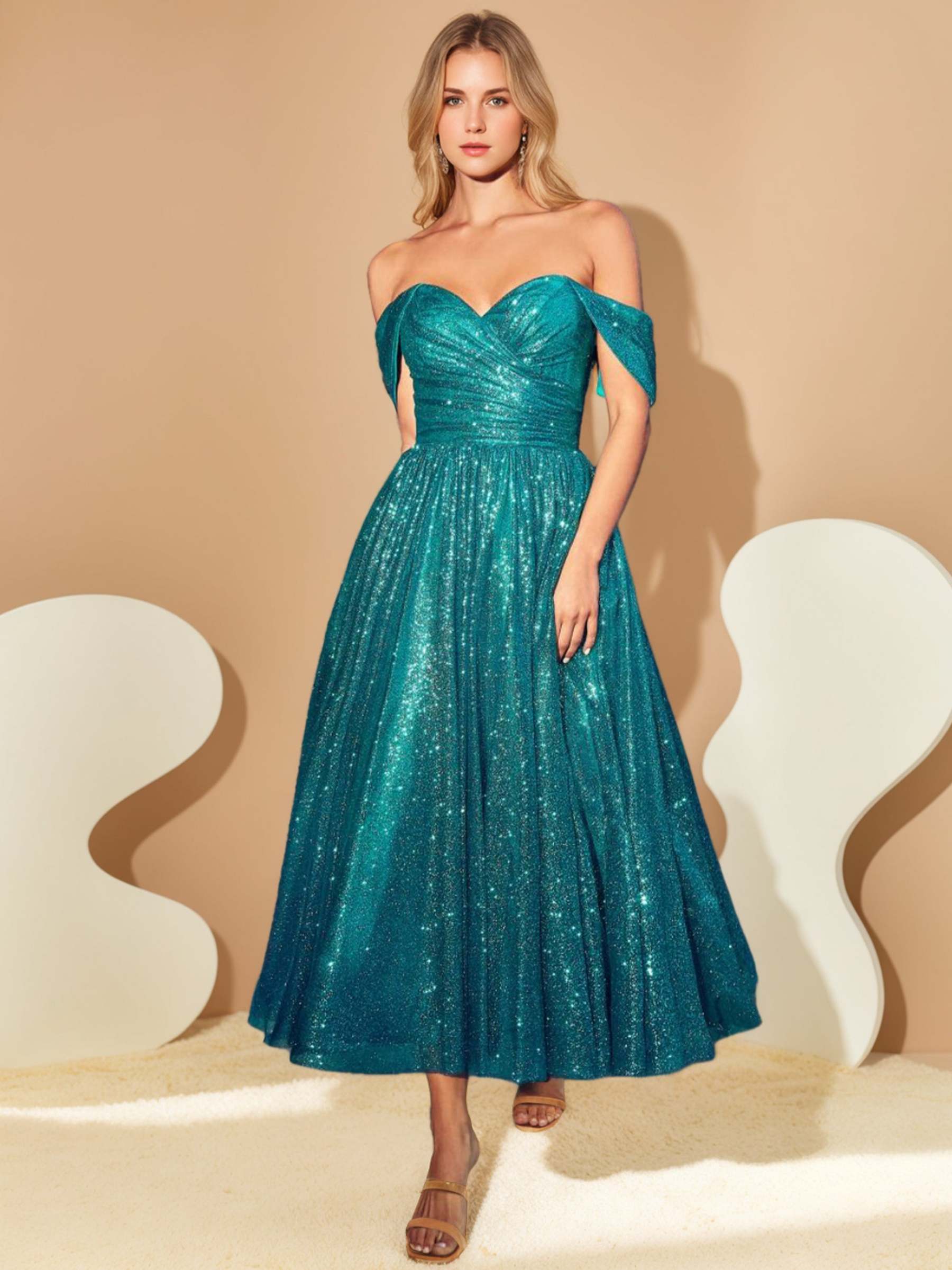 Sweetheart Off-the-Shoulder A-Line Princess Tea-Length Cocktail Dress with Sequins
