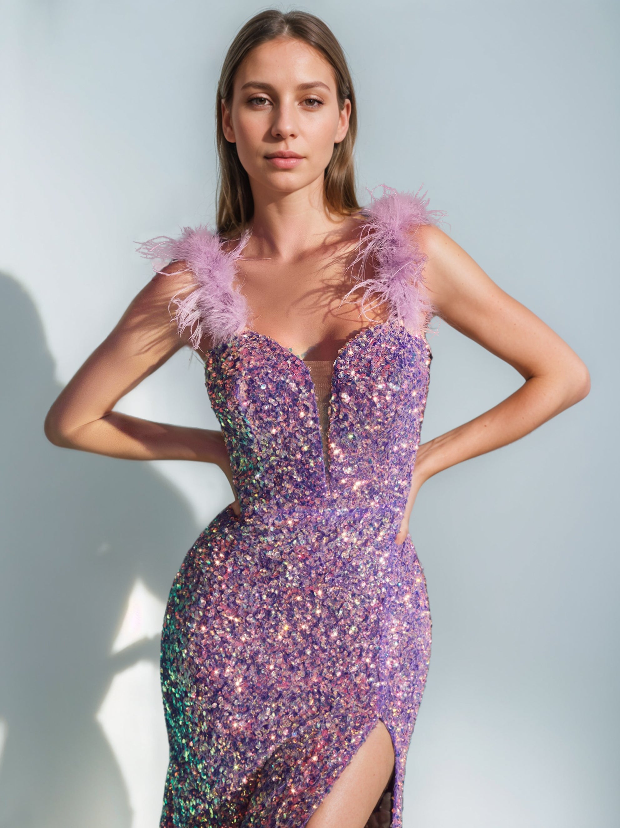 V-Neck Sleeveless Floor-Length Sheath/Column Prom Dress with Sequins & Feather