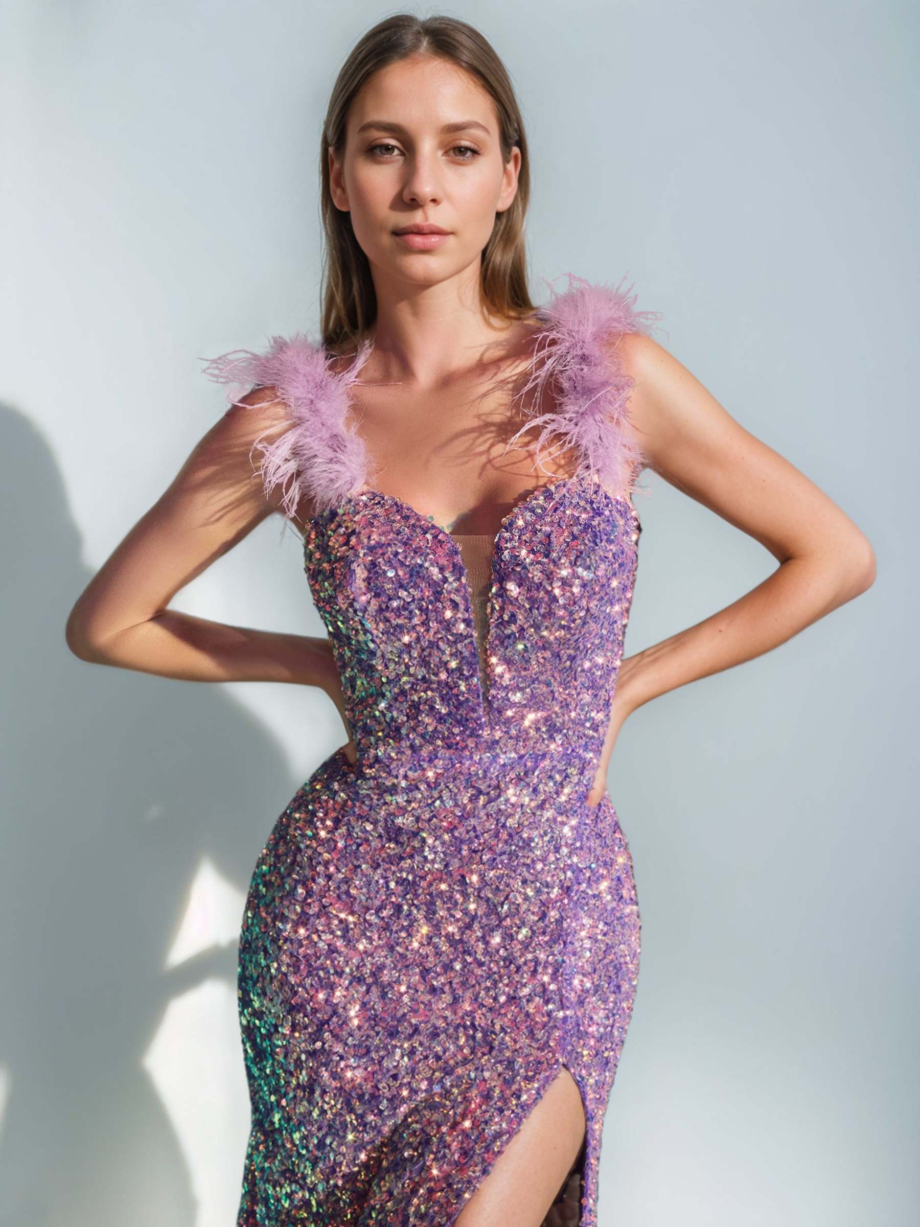 V-Neck Sleeveless Floor-Length Sheath/Column Prom Dress with Sequins & Feather