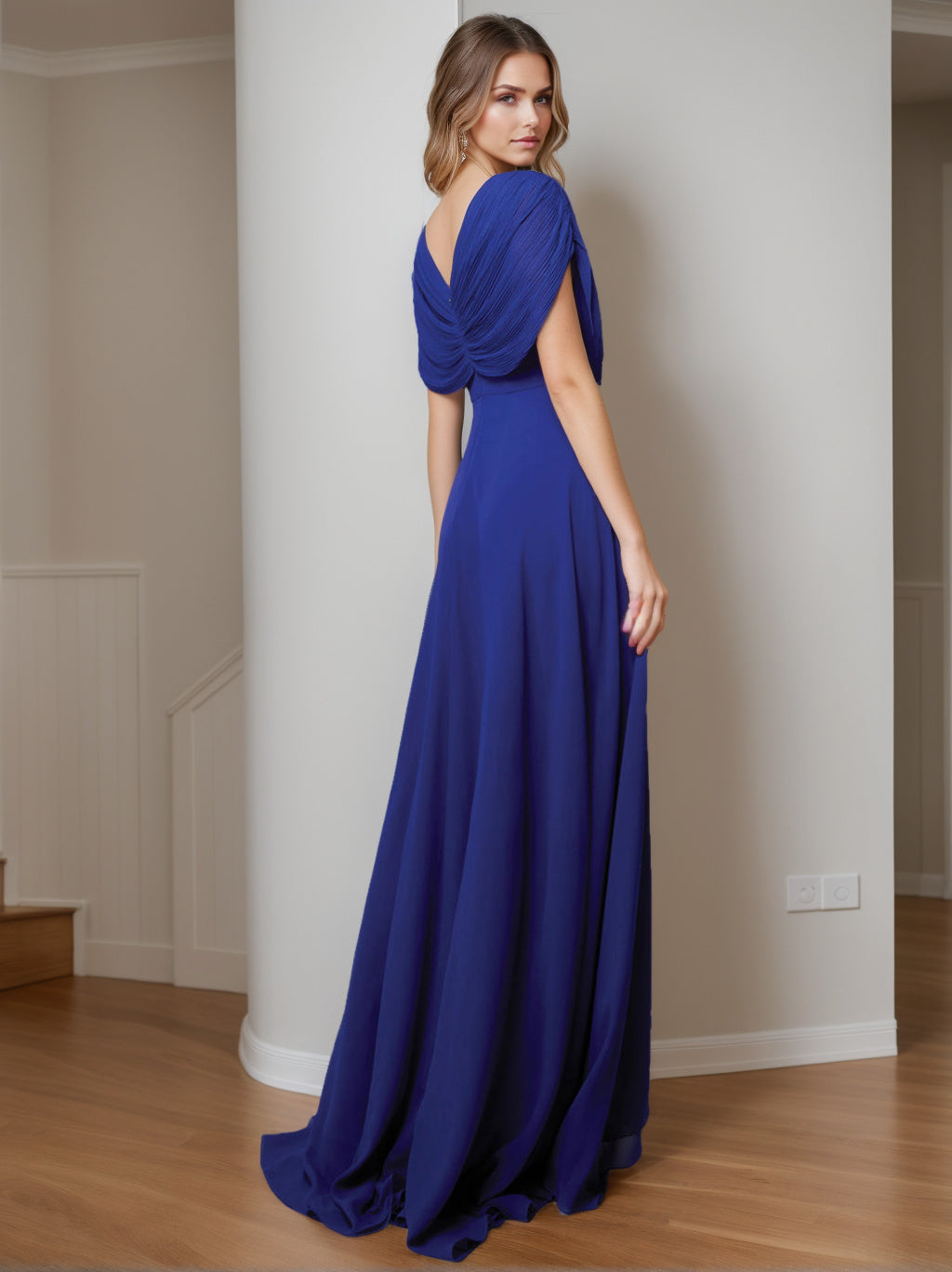 V-Neck A-Line Princess Asymmetrical Evening Dresses with Short Sleeves Side Split & Beaded Details