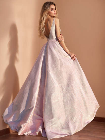 Unique V-Neck Sleeveless A-Line Princess Floor-length Evening Dresses with Padded Cups