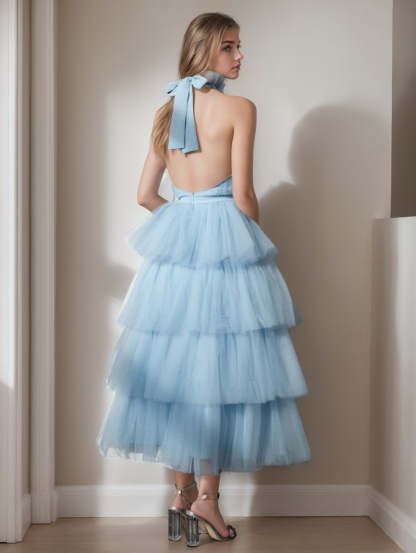 Tea-Length Halter Neck A-Line Princess Cocktail Dress with Lace