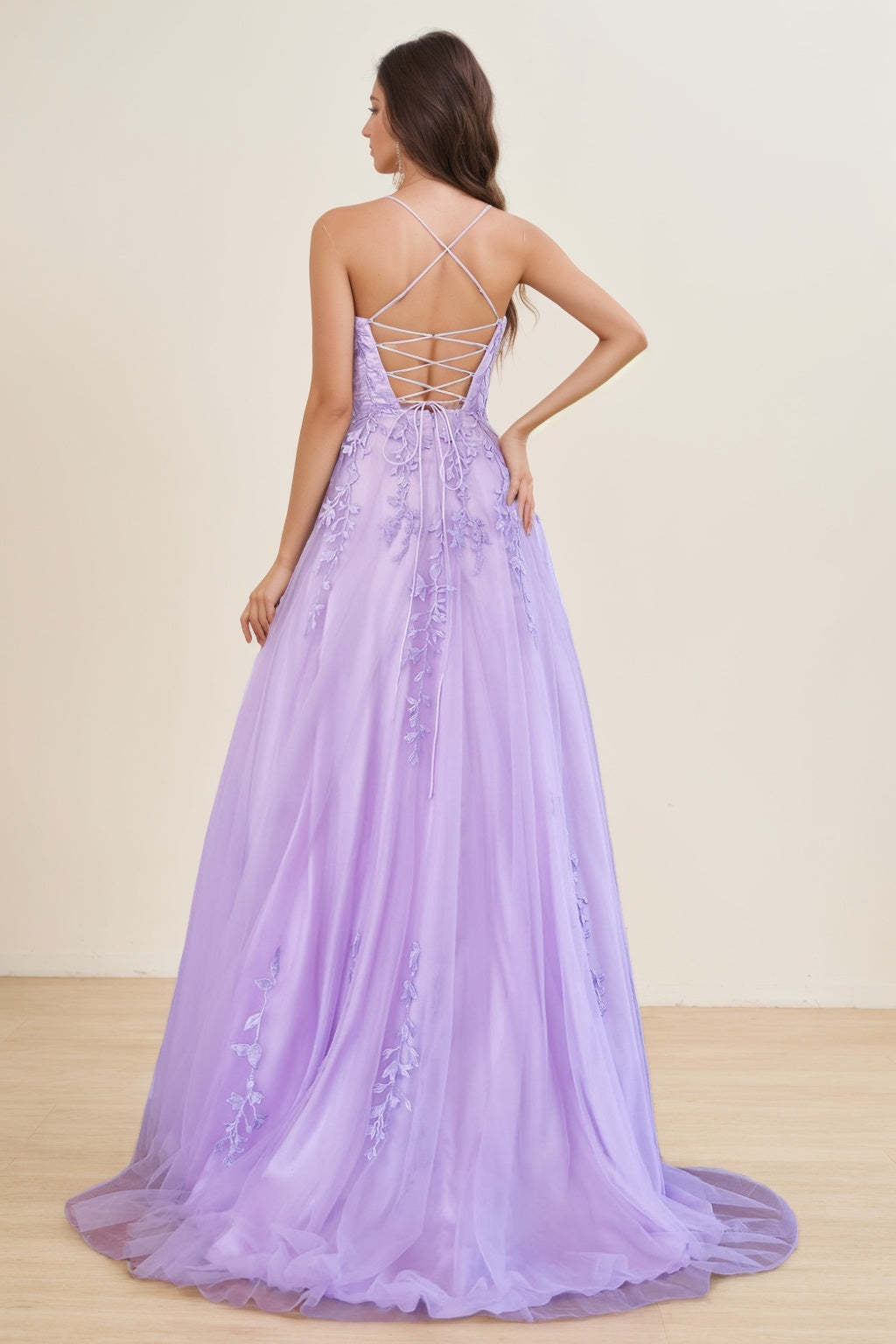 Spaghetti Strap Sleeveless A-Line Floor-Length Prom Dress with Appliques
