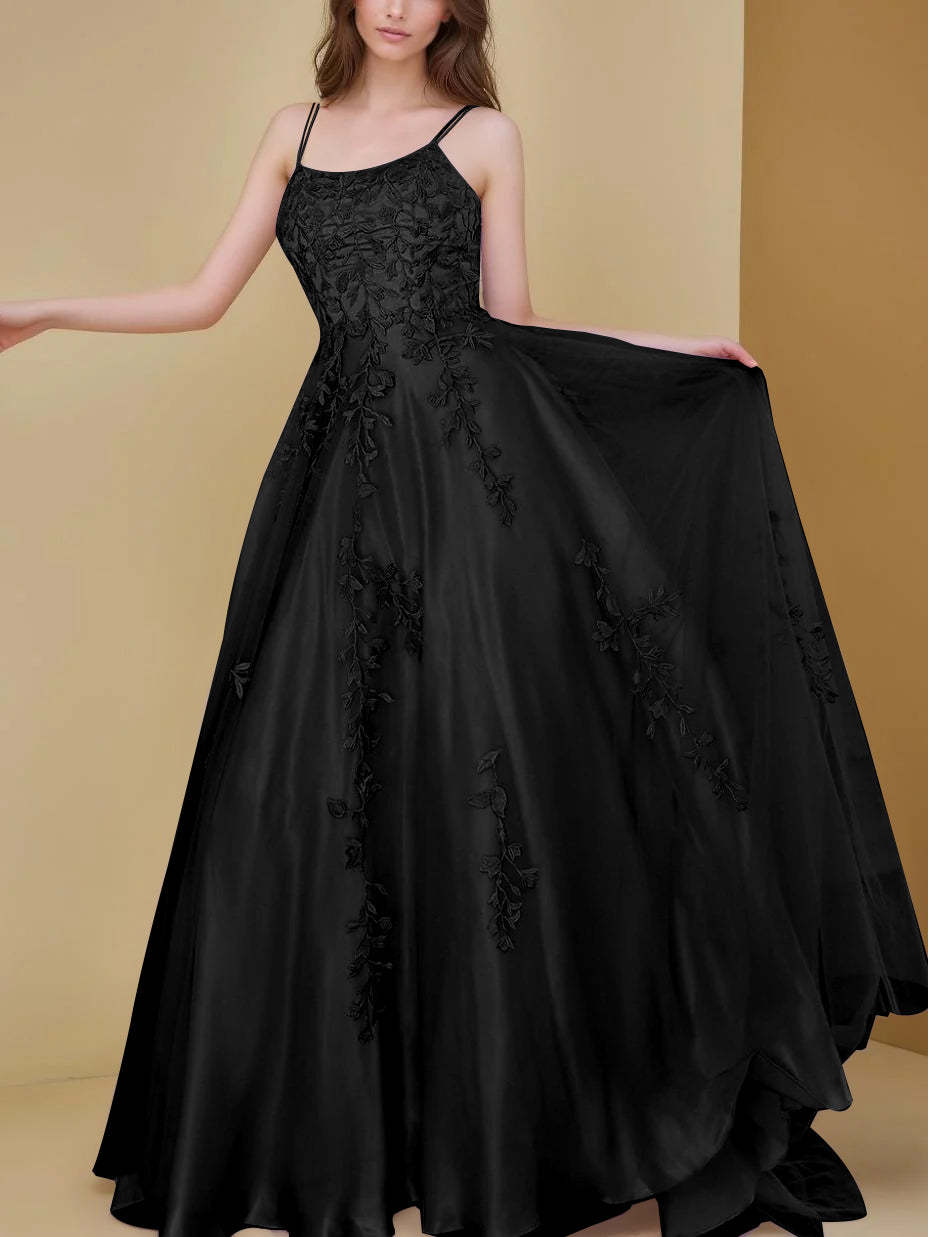 Spaghetti Strap Sleeveless A-Line Floor-Length Prom Dress with Appliques