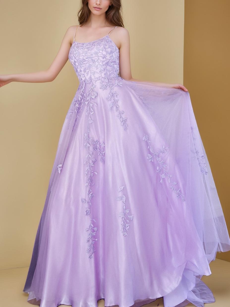 Spaghetti Strap Sleeveless A-Line Floor-Length Prom Dress with Appliques