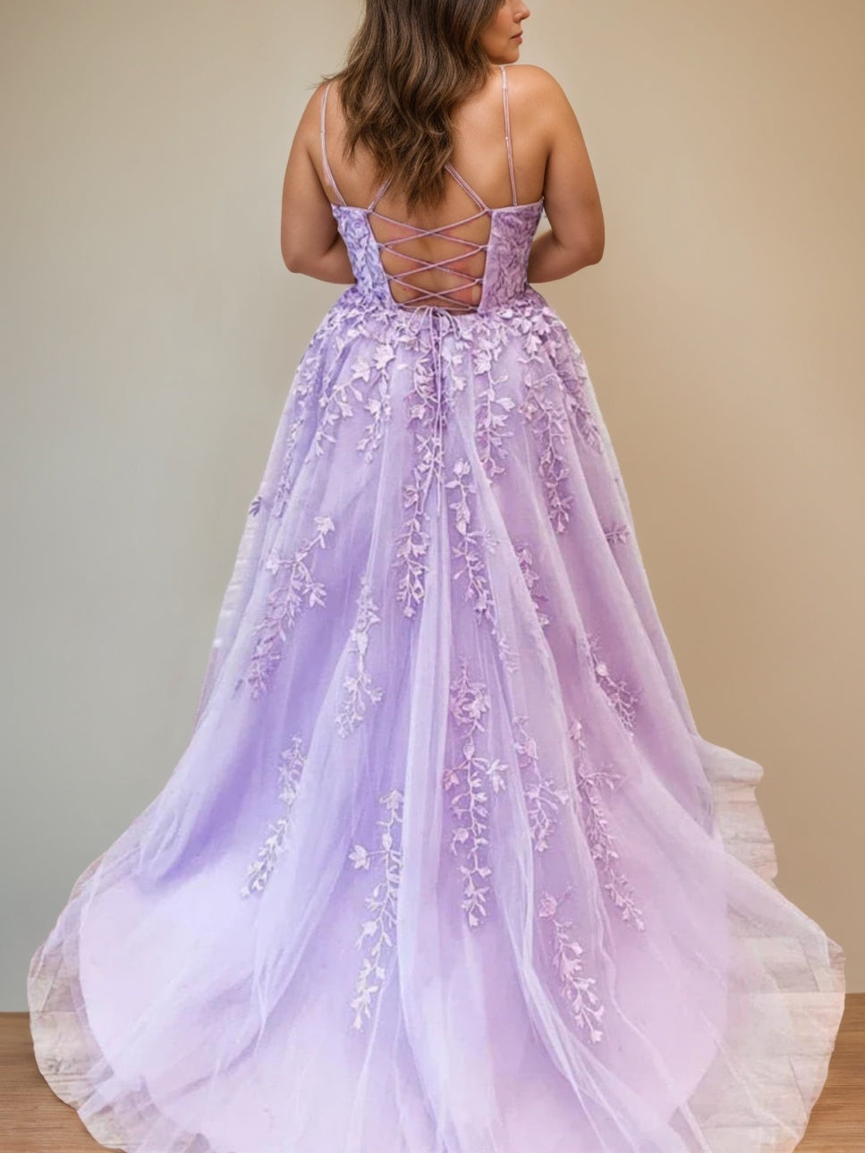 Spaghetti Strap Sleeveless A-Line Floor-Length Prom Dress with Appliques