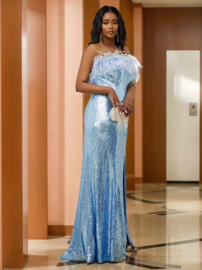 Strapless Sleeveless Floor-Length Prom Gown with Sequins and Feathers