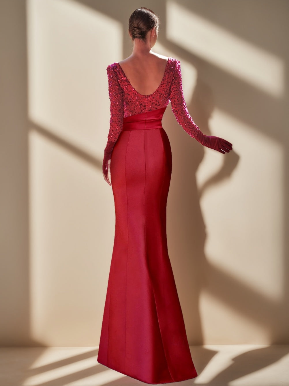 Asymmetrical Evening Gown with Long Sleeves Split Slit and Ruffled Neckline