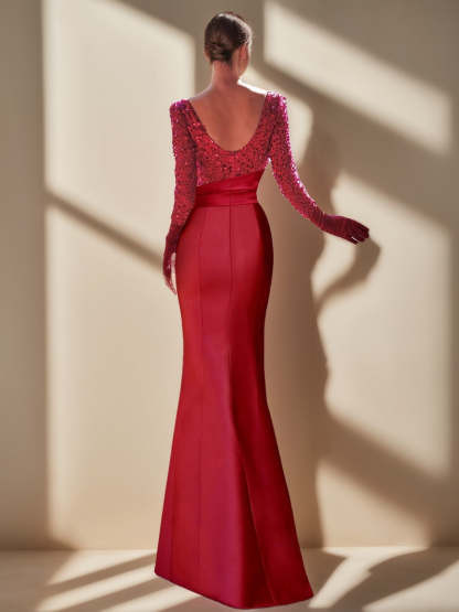 Asymmetrical Evening Gown with Long Sleeves Split Slit and Ruffled Neckline