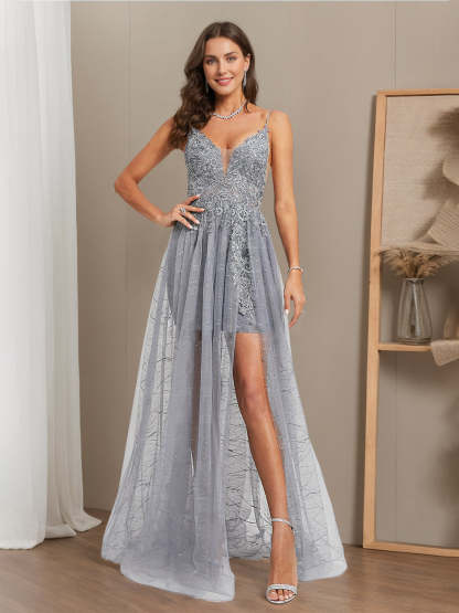 Spaghetti Strap V-Neck A-Line Princess Asymmetrical Sleeveless Prom Dress with Appliques