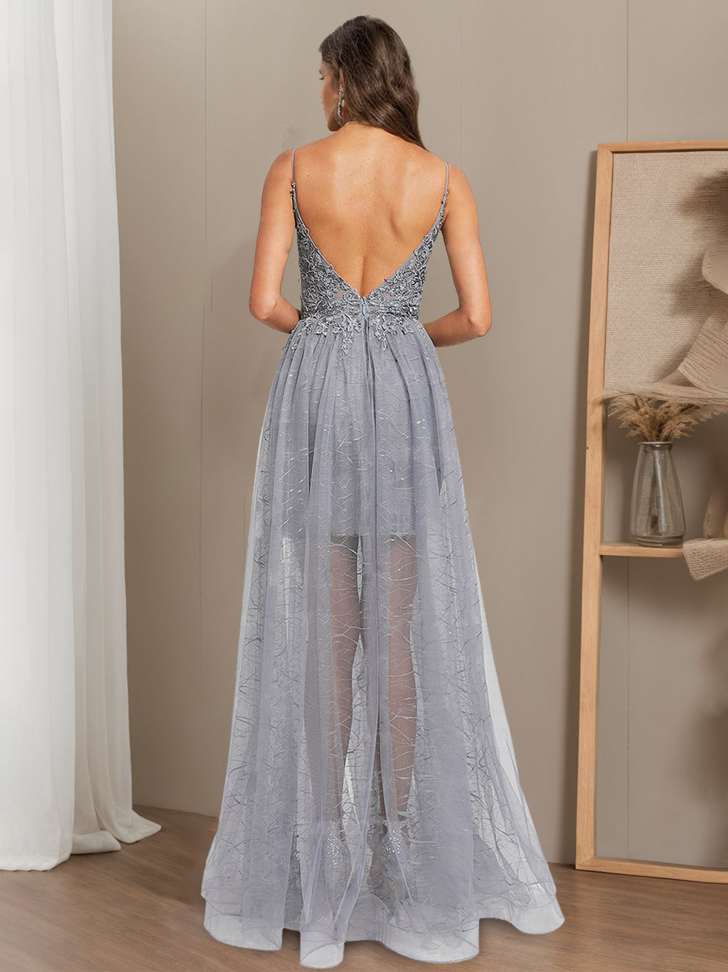 Spaghetti Strap V-Neck A-Line Princess Asymmetrical Sleeveless Prom Dress with Appliques