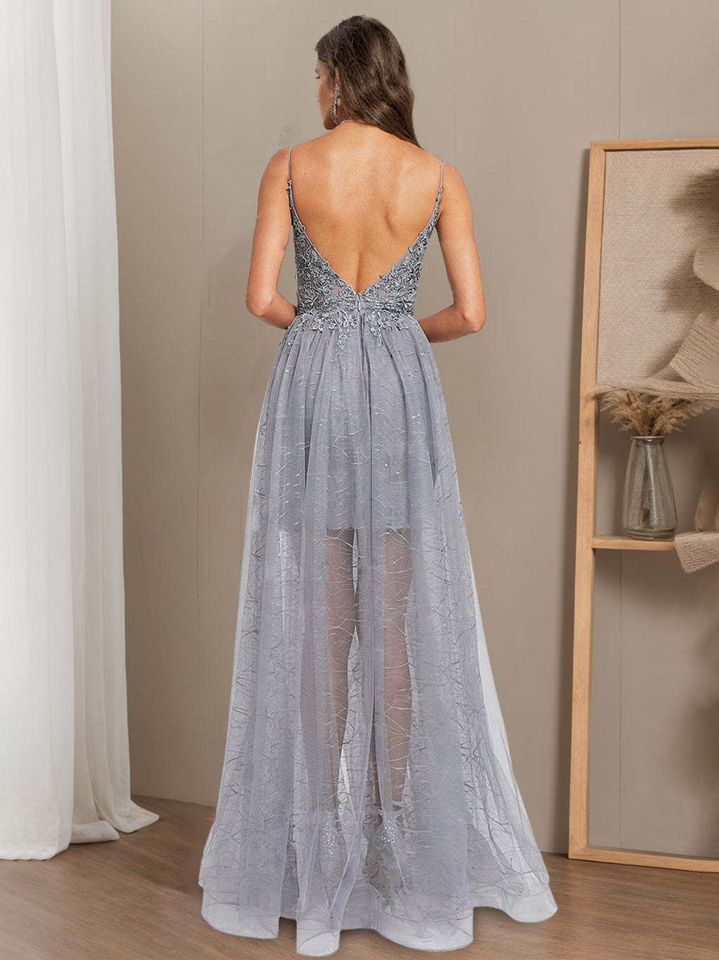 Spaghetti Strap V-Neck A-Line Princess Asymmetrical Sleeveless Prom Dress with Appliques