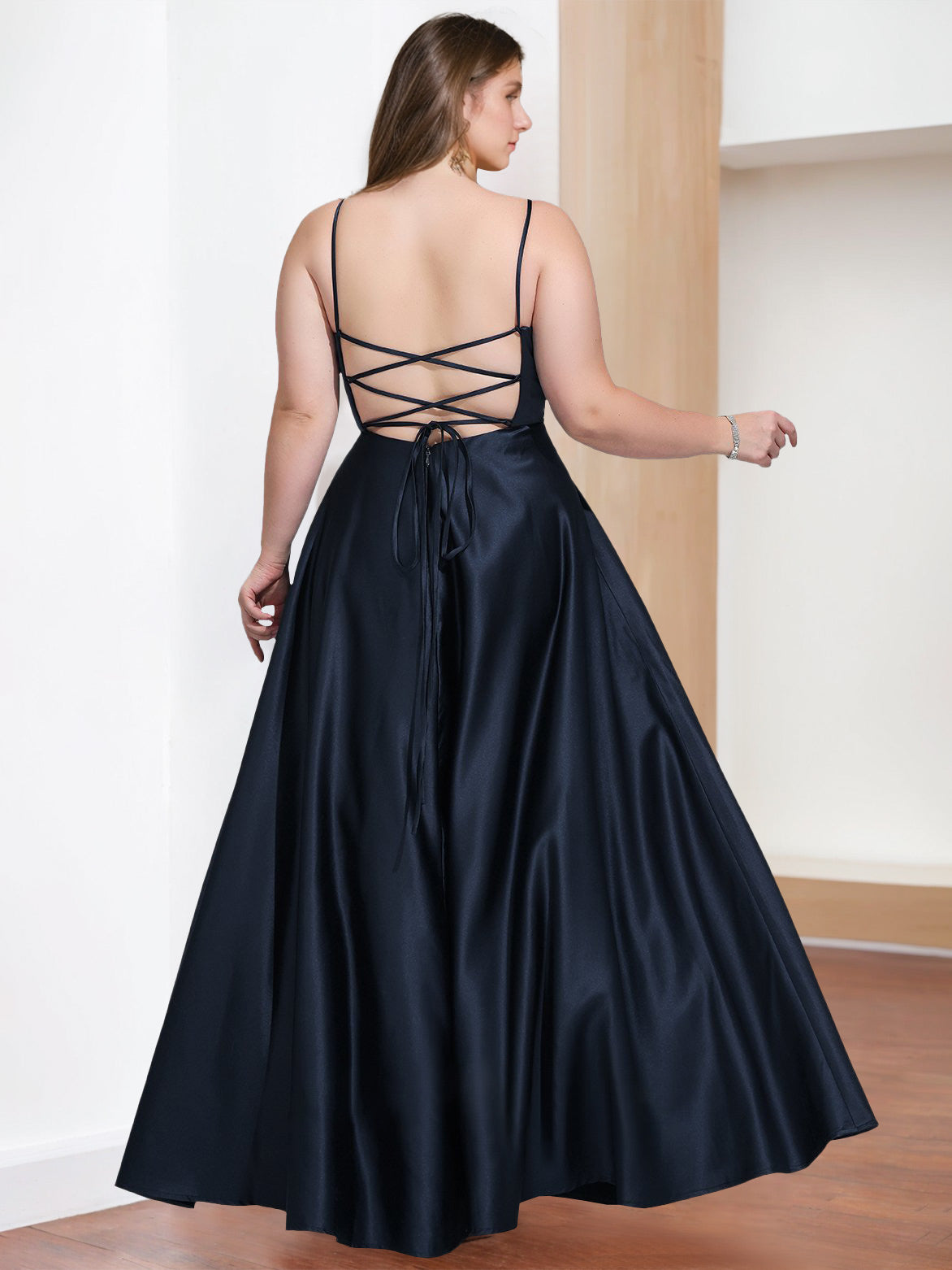 V-Neck A-Line Princess Floor-Length Plus Size Evening Dress with Spaghetti Straps and Side Split