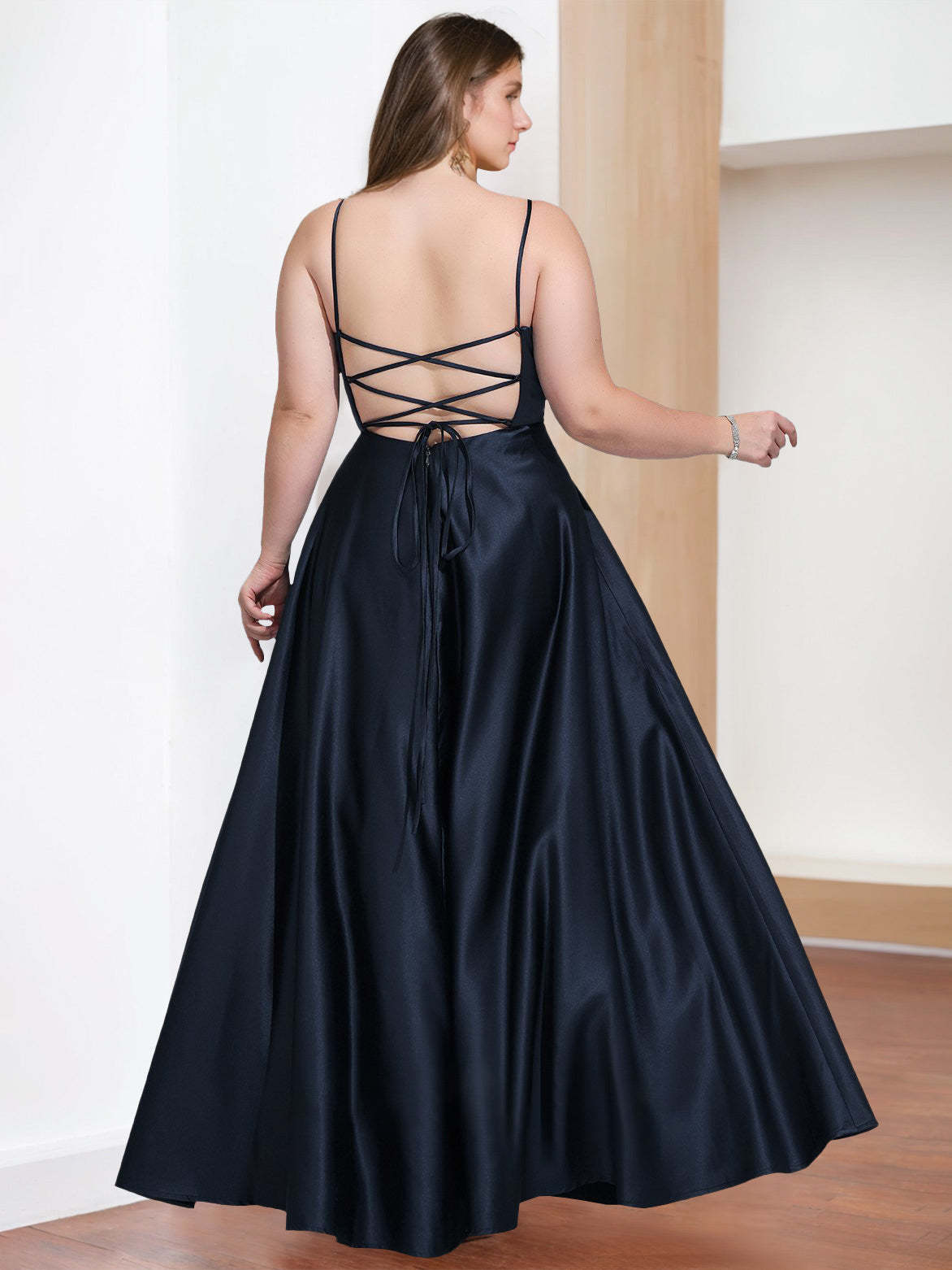V-Neck A-Line Princess Floor-Length Plus Size Evening Dress with Spaghetti Straps and Side Split