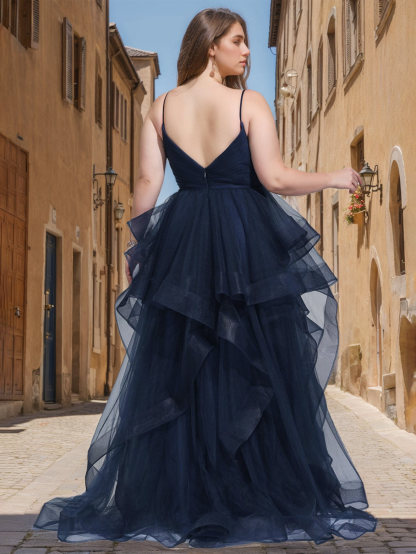 Plus Size V-Neck Spaghetti Straps Ball Gown in Tulle with Side Split Floor-Length Sleeveless Evening Dress-BMbridal.UK