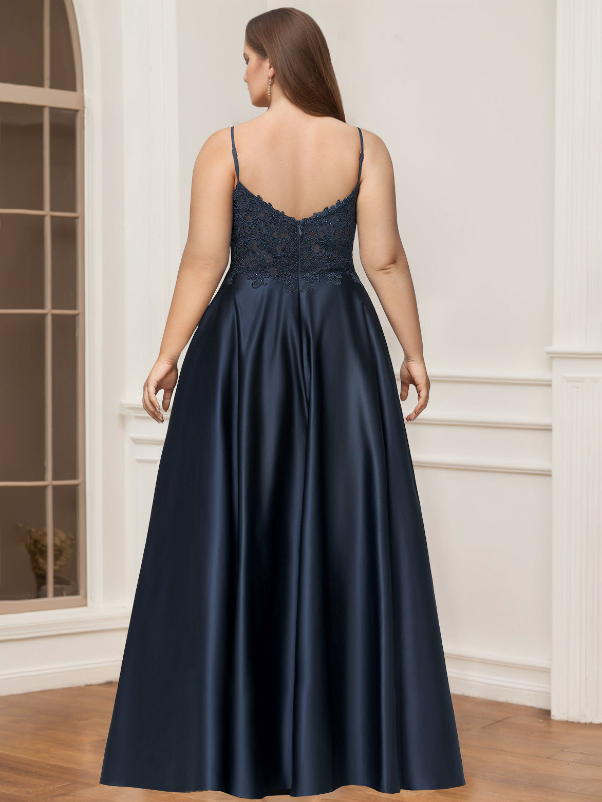 Plus Size Floor-Length A-Line Prom Dress with V-Neck and Rhinestone Lace Satin