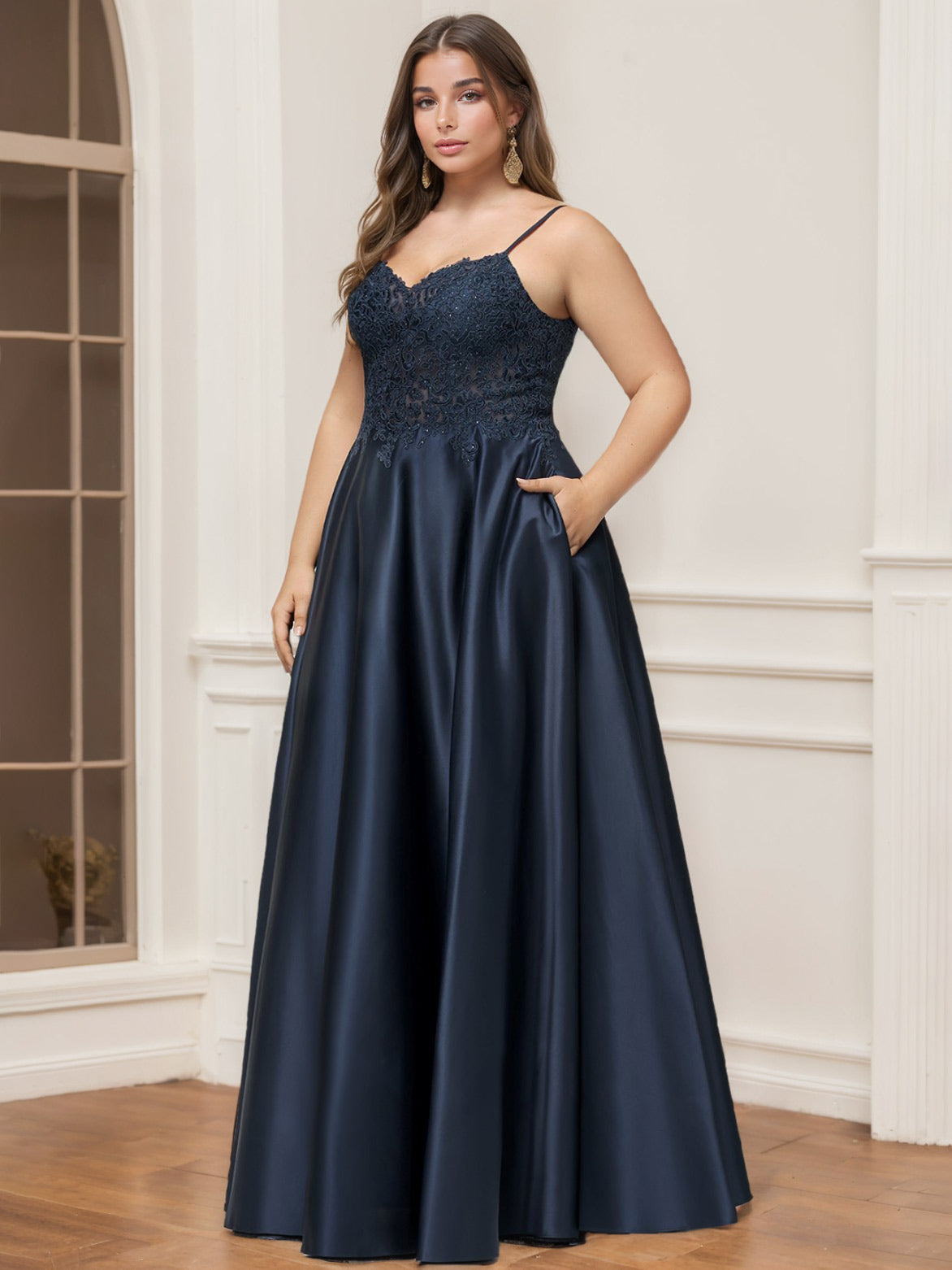Plus Size Floor-Length A-Line Prom Dress with V-Neck and Rhinestone Lace Satin